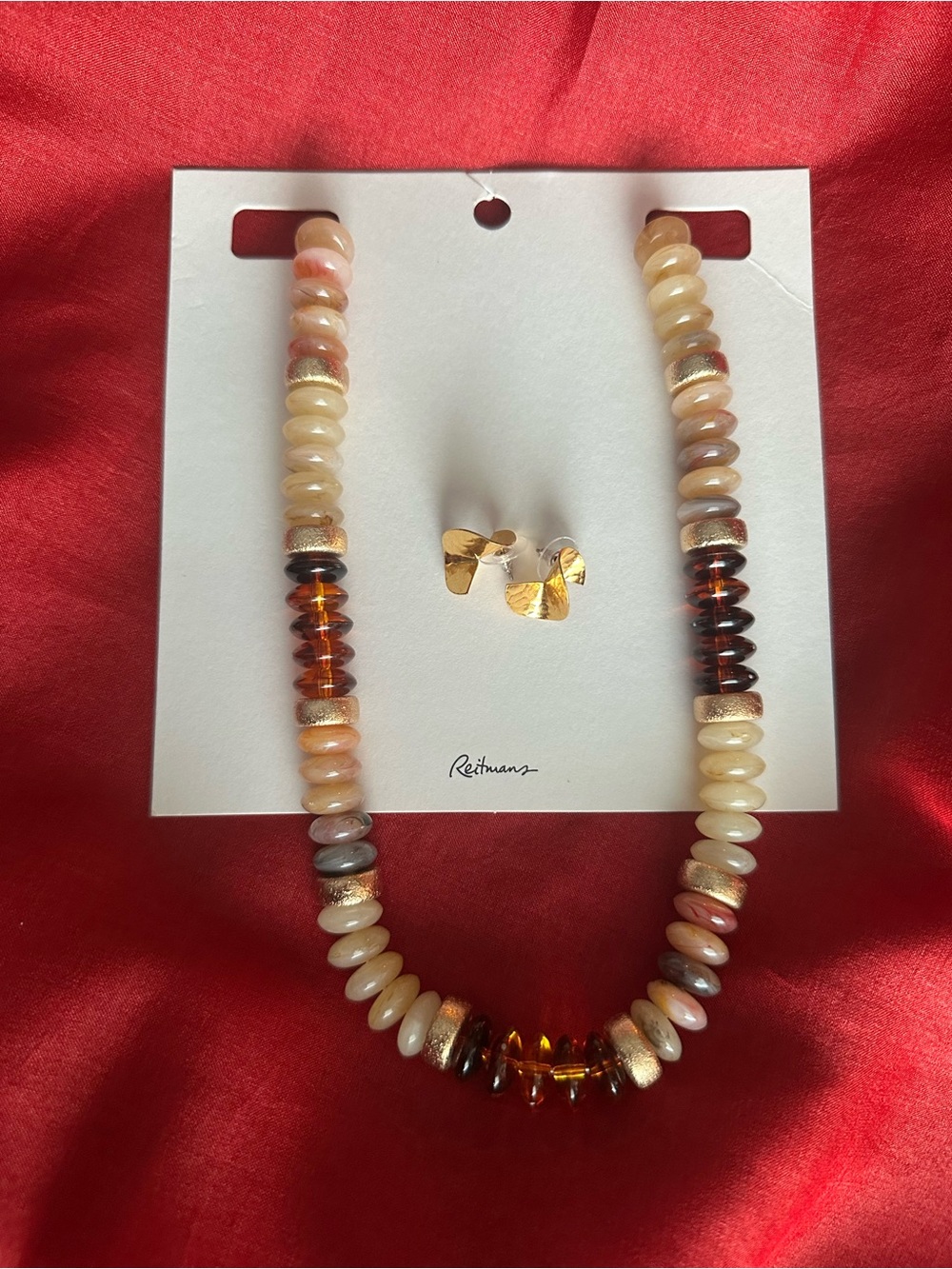 NWT! Reitmans Necklace of beaten-gold discs & resin Beads in earth colors + gift